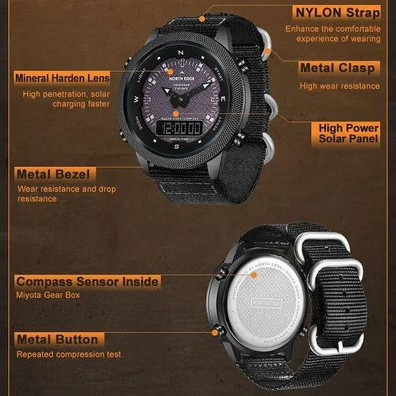 Чоловічий водостійкий тактичний наручний годинник North Edge Solar Compass (Чорний) - фото 7