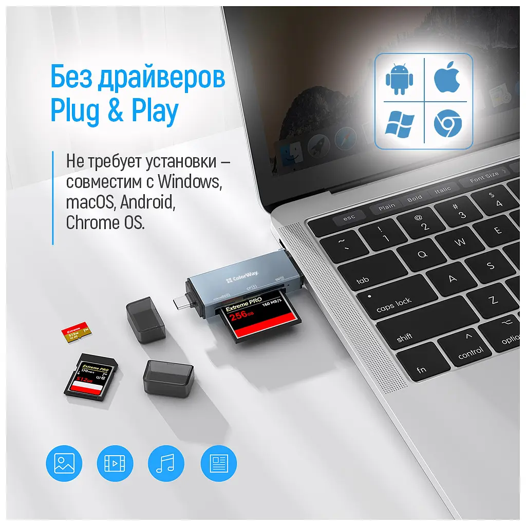Считыватель флеш-карт ColorWay USB 2.0/USB-C to CF/SD/MicroSD (CW-CR-01) - фото 8