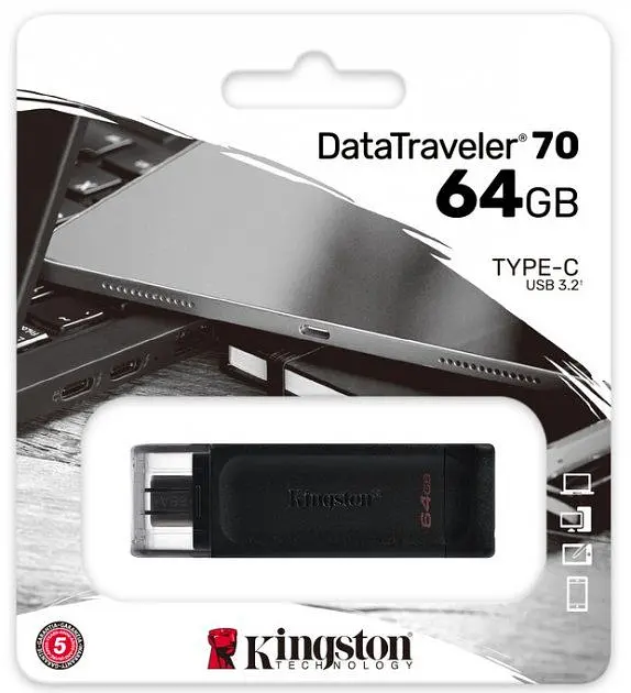 USB флеш-накопичувач Kingston DataTraveler 70 64GB USB-C 3.2 Gen 1 Black (DT70/64GB) [66931] - фото 2