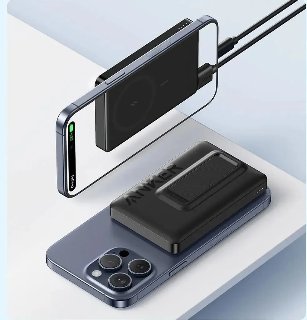 Магнитный Magsafe повербанк Anker A1652 Mag Go 10 000 mAh с беспроводной зарядкой и подставкой черный - фото 7