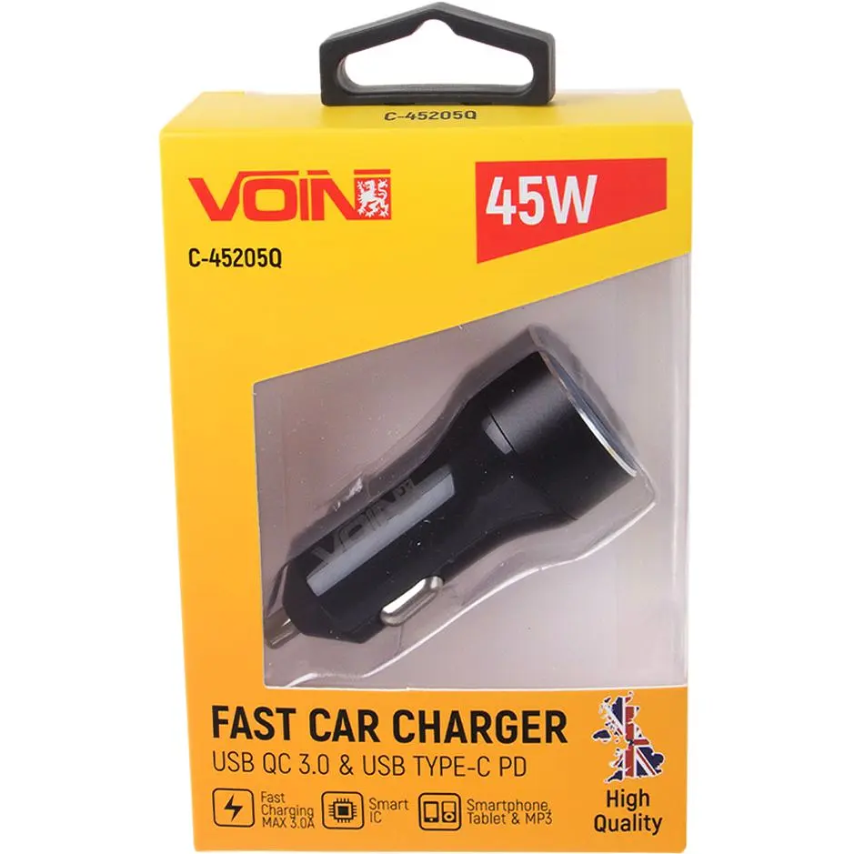 Автомобільний зарядний пристрій Voin 45W, 1USB QC3.0 18W + 1PD 27W 12/24V (C-45205Q) - фото 3