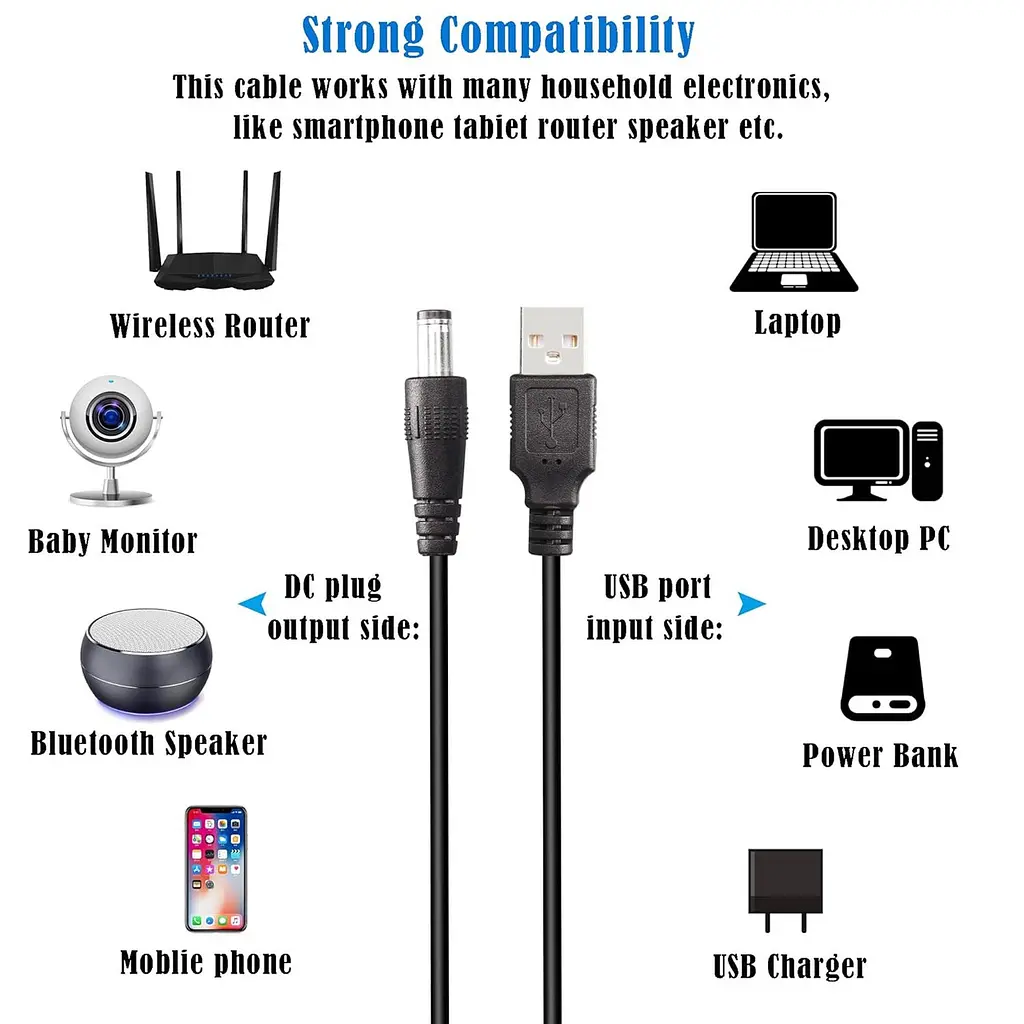 Кабель живлення 5,5 мм x 2,1 мм GINTOOYUN 5V USB2.0 — DC універсальний - фото 3