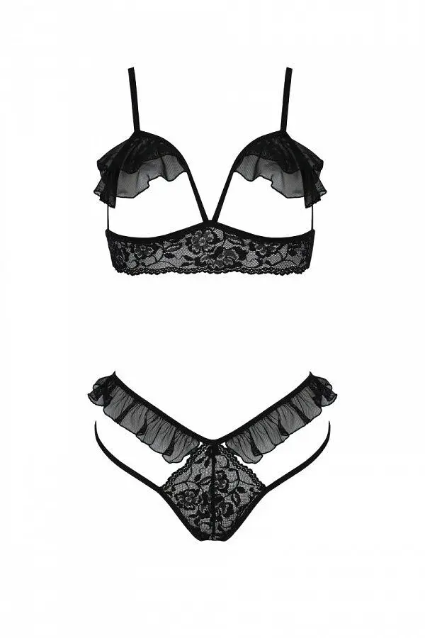 Еротичний комплект Passion DOLLY SET, S/M, black, з відкритими чашками - фото 3