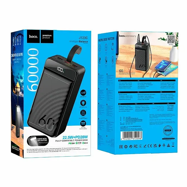 Портативная батарея Powerbank Hoco J123C Element 22.5W+PD20W with digital display 60000mAh Black - фото 9