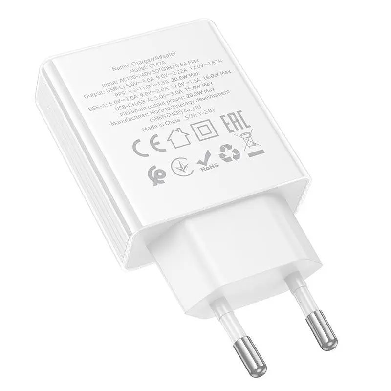 Адаптер мережевий HOCO Direct charger C142A |1USB/1Type-C, 20W/3A, PD/QC| - фото 3