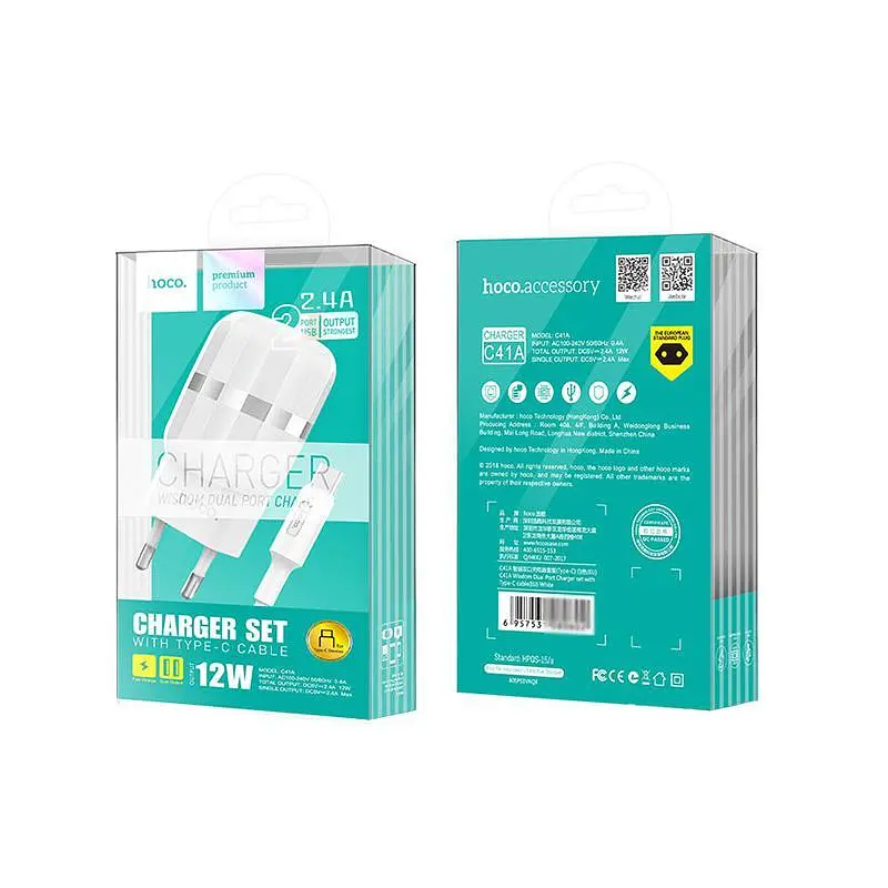 Мережевий зарядний пристрій 2USB Hoco C41A 2.4A White + USB Cable Type-C - фото 2