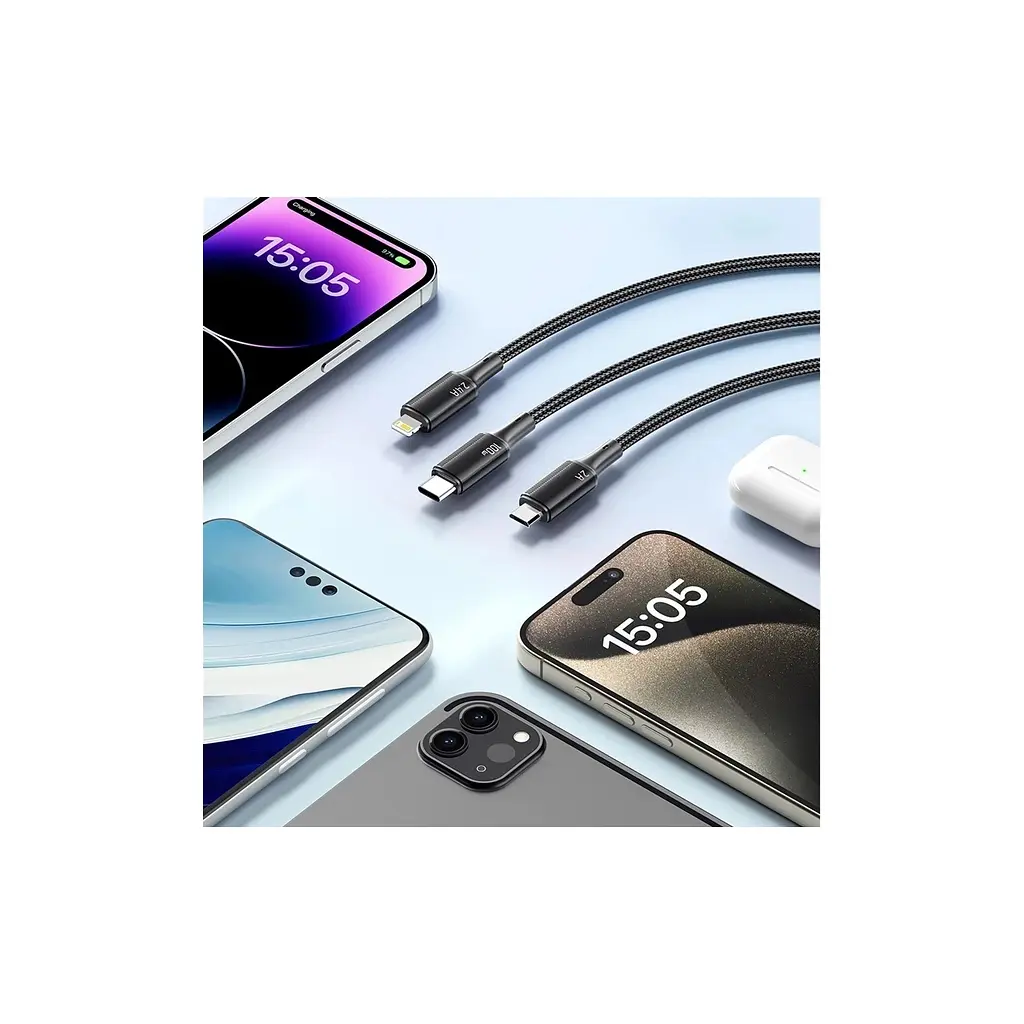 Дата кабель USB 2.0 AM to Lightning + Micro 5P + USB-C 1.2m 100W Essager (EXCMTL-JJ01-P) - фото 4
