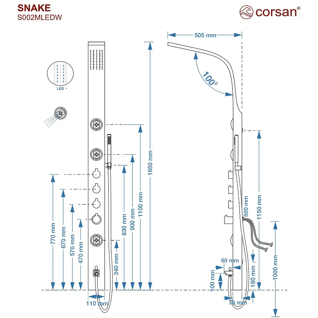 Душова панель Corsan Snake inox LED з виливом S002MSLLEDW, Нержавіюча сталь - фото 3