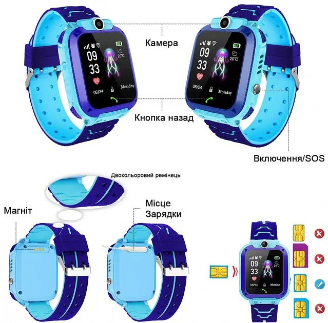 Смарт-годинник KID Watch Дитячий Розумний годинник GPS+WiFi з вологозахистом IP67 Синій з блакитним - фото 6