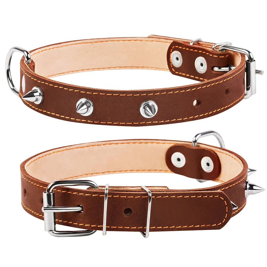 Нашийник для собак Collar, шкіряний, подвійний, з шипами, 38-50х2,5 см, коричневий - фото 3