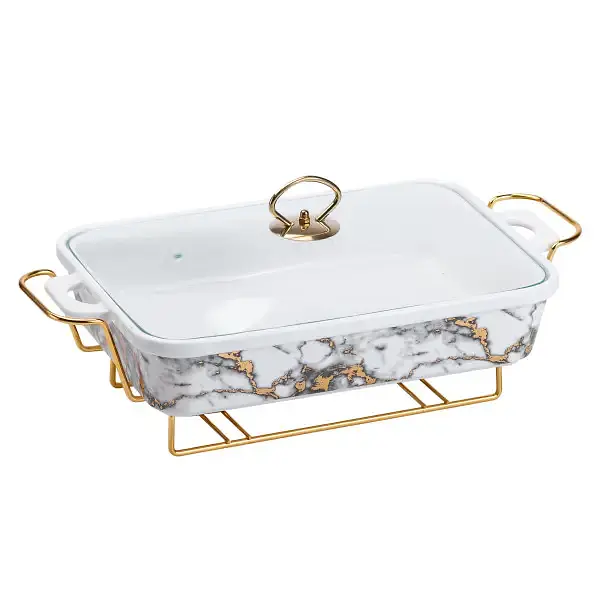 Настольная мармитница 2 литра мармит прямоугольный керамический 40х23х11 см на подставке Мрамор Yiwu HP1033 - фото 2