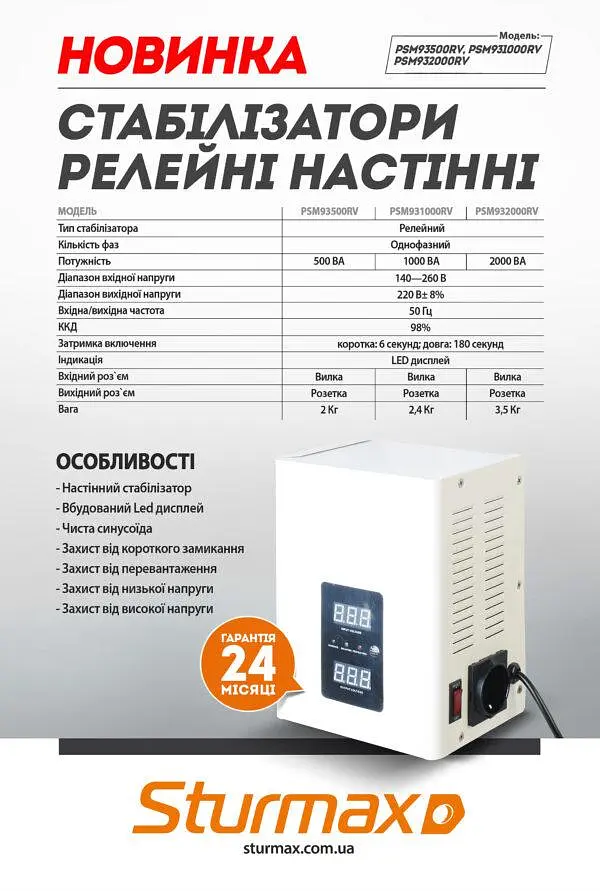 Стабілізатор напруги Sturmax PSM93500RV - фото 2