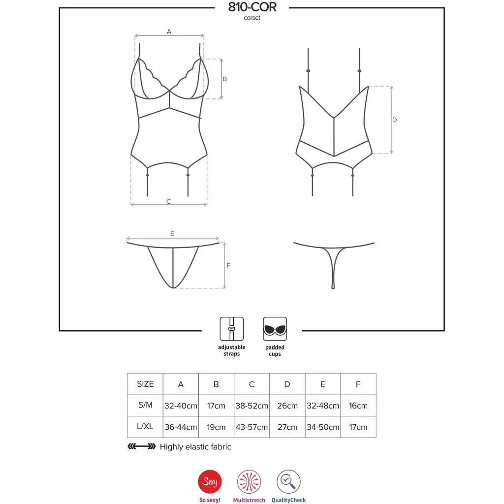 Сатиновий мереживний корсет Obsessive 810-COR-1 Babydoll & Thong L/XL, чорний, корсет, танга - фото 7