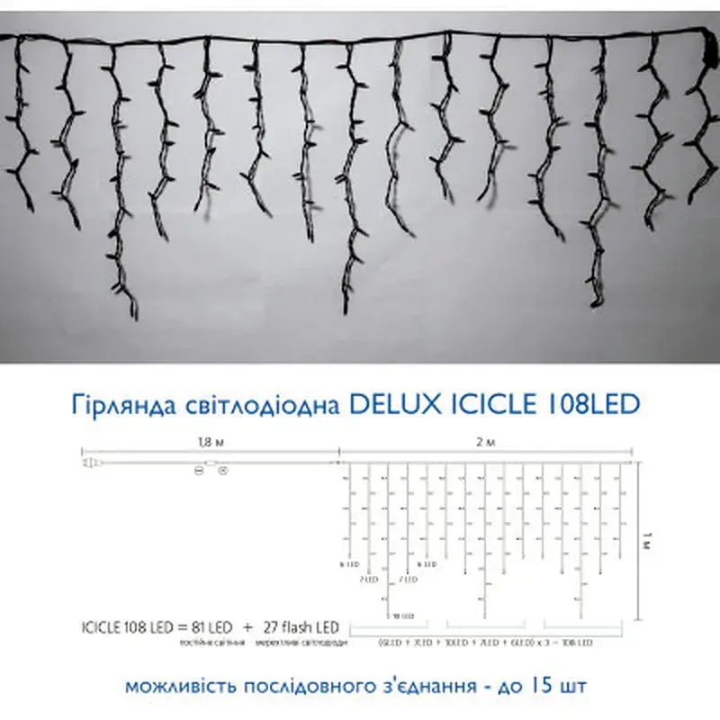 Гірлянда Delux ICICLE flash 108LED 2 х 1 м синій / білий IP44 EN (90012945) - фото 3