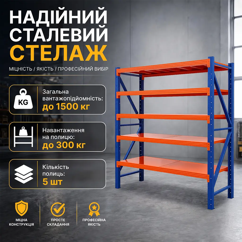 Металевий стелаж LEOBRO Premium Pro 200 х 200 х 50 см, 300кг/полиця, 5 полиць (LB-R133) - фото 3