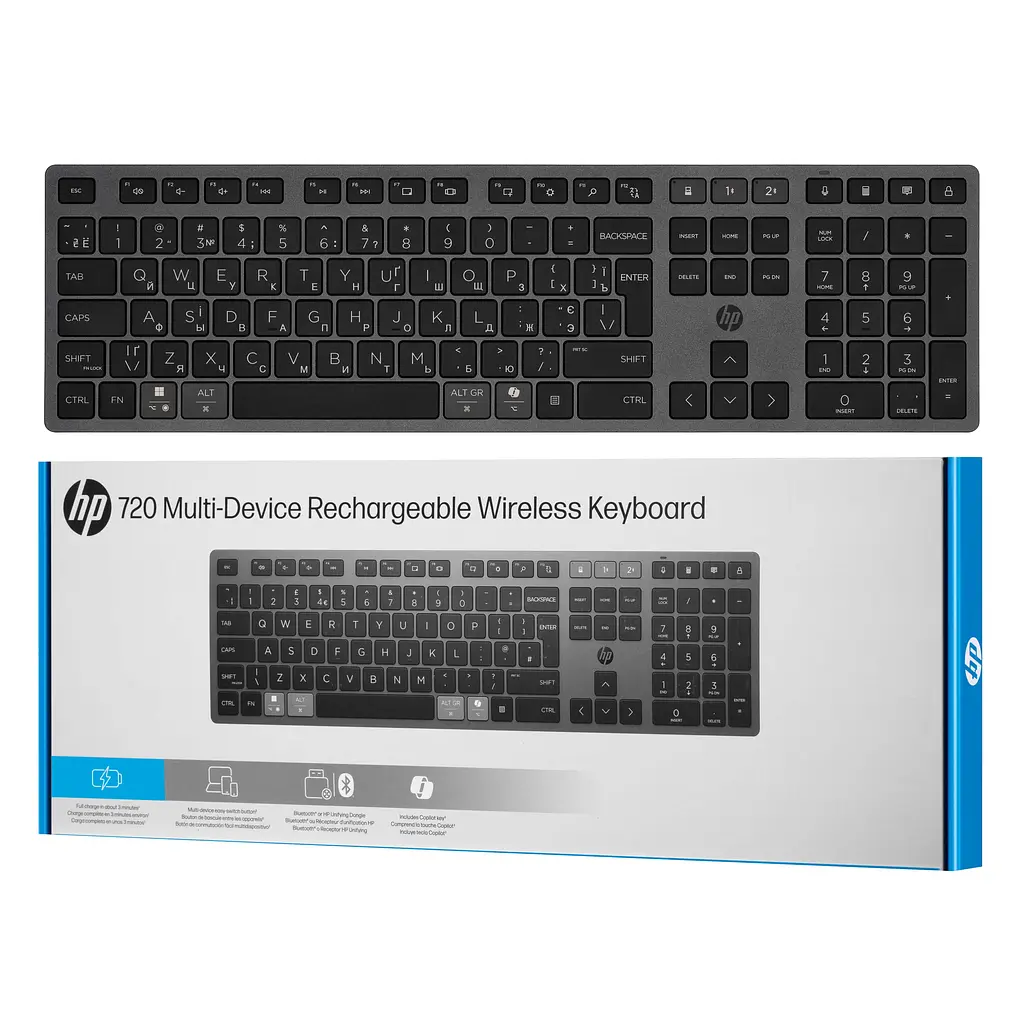 Клавіатура мембранна 720 Multi-Device Rechargeable, 109key, WL/BT, EN/UK, чорний HP teh0013871 - фото 10