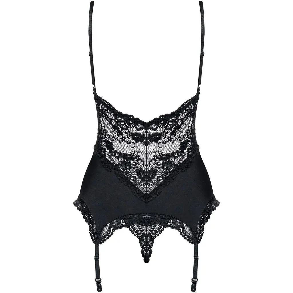 Сатиновий мереживний корсет Obsessive 810-COR-1 Babydoll & Thong S/M, чорний, корсет, танга - фото 2