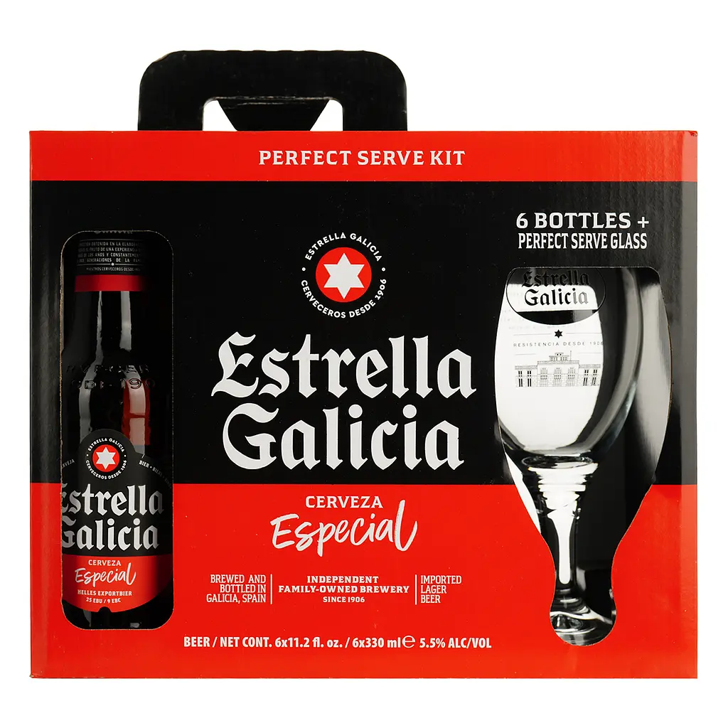 Уцінка. Набір пива Estrella Galicia Especial світле 5.5% 1.98 л (0.33 л x 6 шт.) + келих в подарунковій упаковці