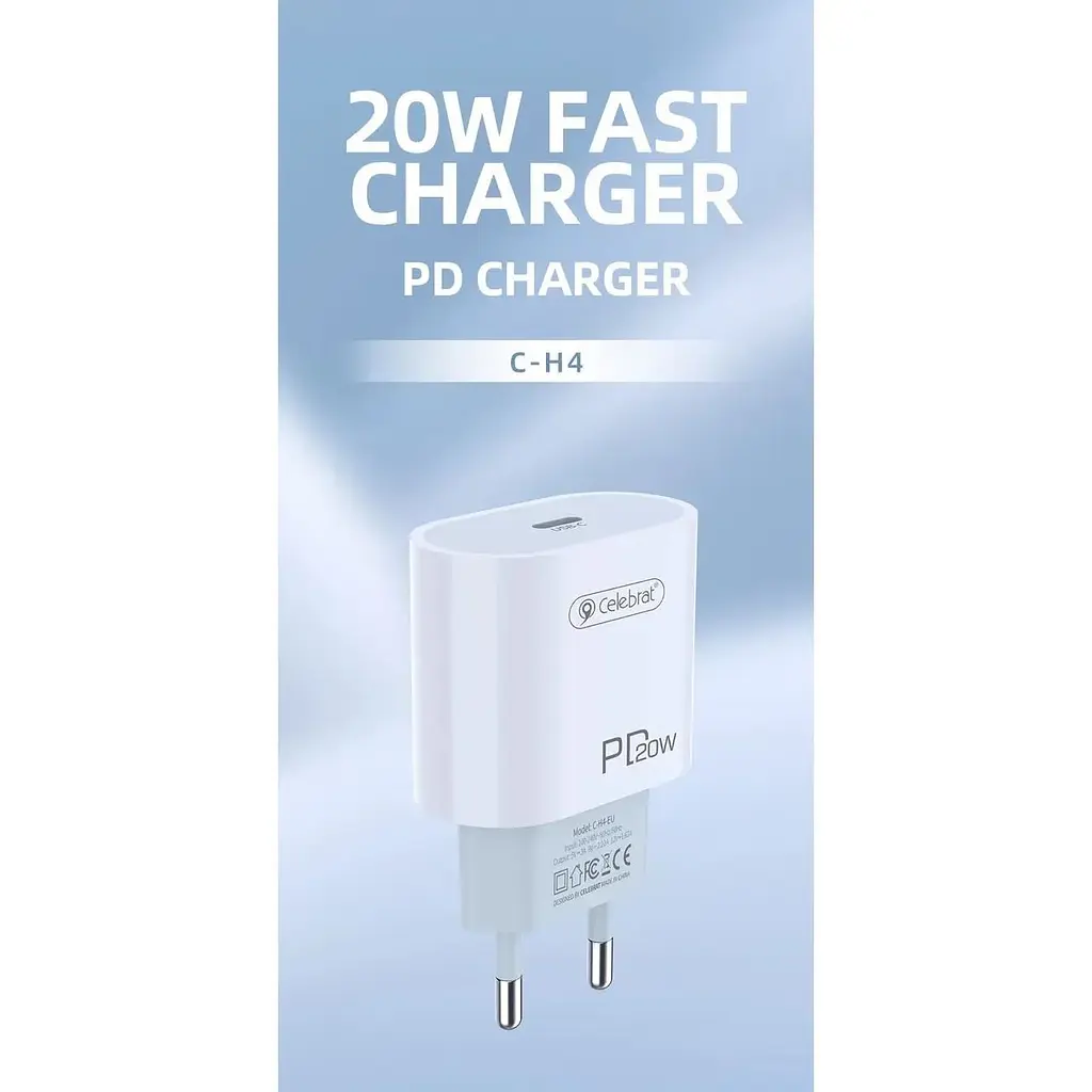 Мережевий зарядний пристрій Celebrat C-H4 Portable Type-C 20W Charger White + Type-C Cable - фото 2