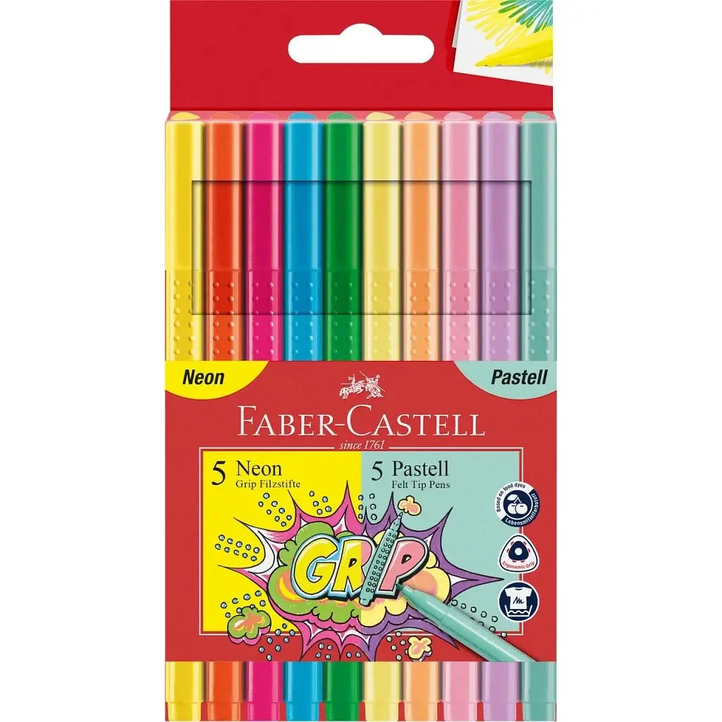 Фломастери Faber-Castell Grip felt-tip pen neon + pastel, тригранні пастельні + неонові, 10 кольорів (30746)