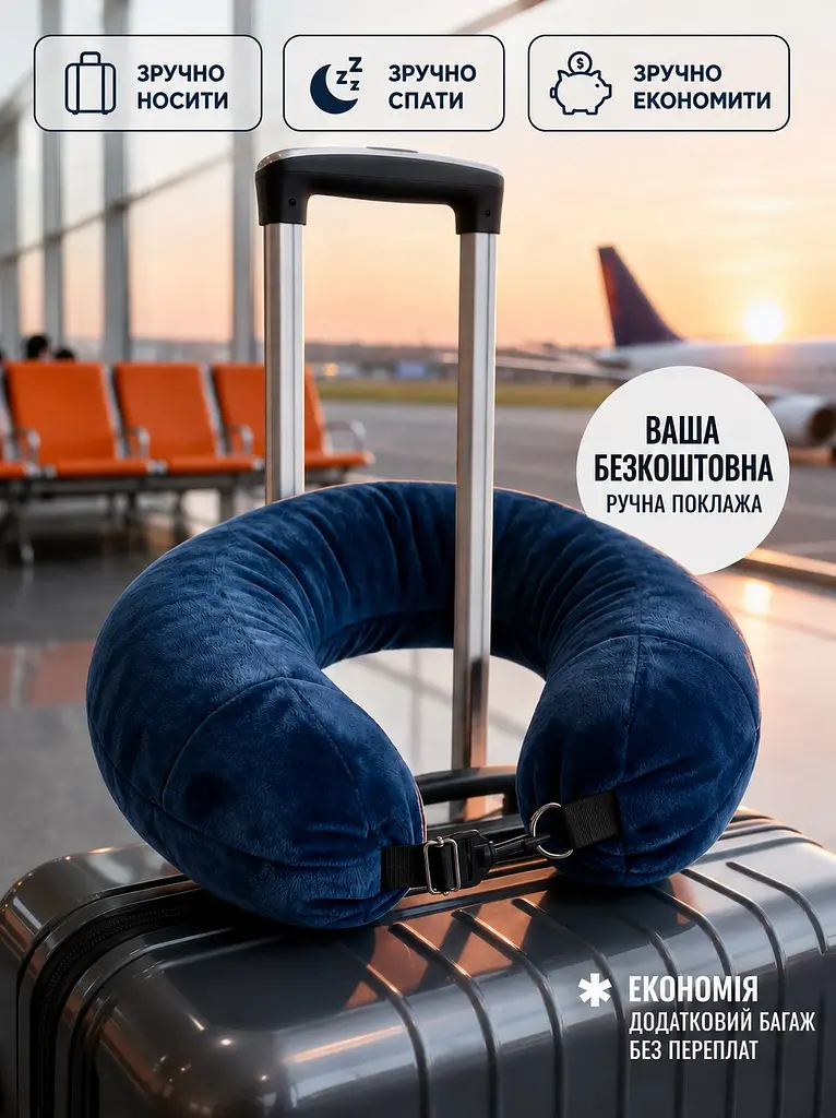 Подушка-чохол для ручної поклажі в літак Travel Pillow Bag 79×18 см, з ремінцями, синя - фото 7