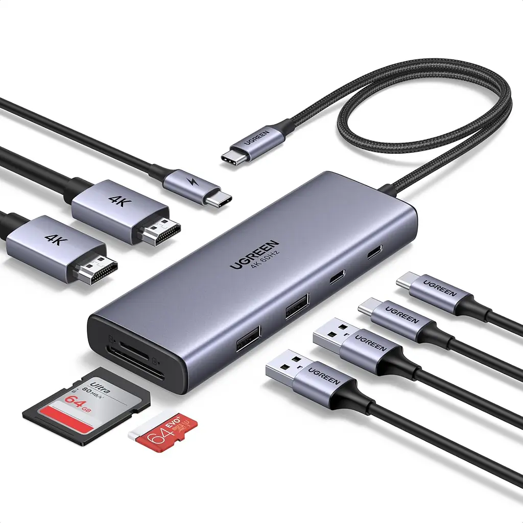 Док-станція USB-C UGREEN Revodok Pro CM498A 9-в-1 2 HDMI до 4K 60 Гц на двох моніторах потрібен USB-C з DisplayPort і достатньою пропускною здатністю Windows різні зображення macOS лише однакові 2 USB-C та 1 USB-A до 5 Гбіт/с і 1 USB-A до 480 Мбіт/с вхід USB-C PD 3.0 до 100 Вт наскрізне заряджання ноутбука до 85 Вт потрібні окремі блок живлення й кабель до входу PD SD/microSD до 170 МБ/с вбудований кабель близько 40 см сіро-чорна (85774)