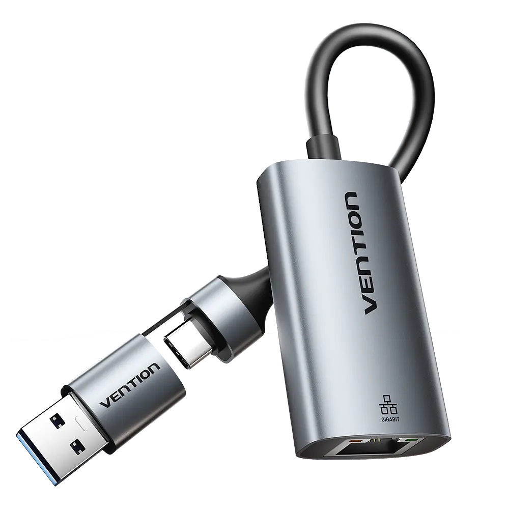 Мережевий Ethernet-адаптер Vention зовнішня мережева карта з USB-C або USB-A на RJ45 10/100/1000 Мбіт/с без встановлення драйверів у macOS та Windows 8–11 зі світлодіодними індикаторами мережі для Nintendo Switch через USB-порт док-станції із вбудованим кабелем 0,15 м сірий (CFQHB)