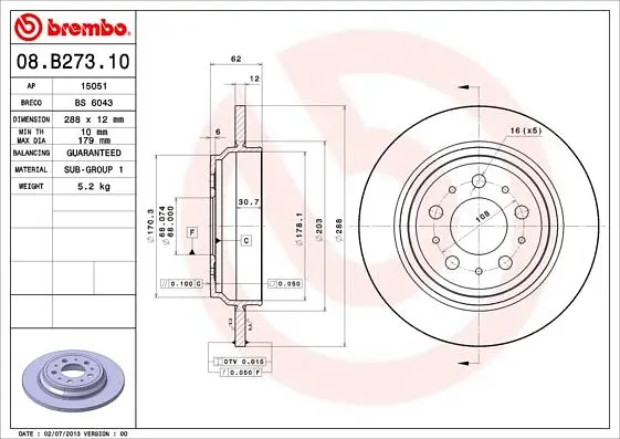 Диск гальмівний задній невентильований Volvo V70 I, S70, Xc70 I 95-07р Brembo (08.B273.10) - фото 2