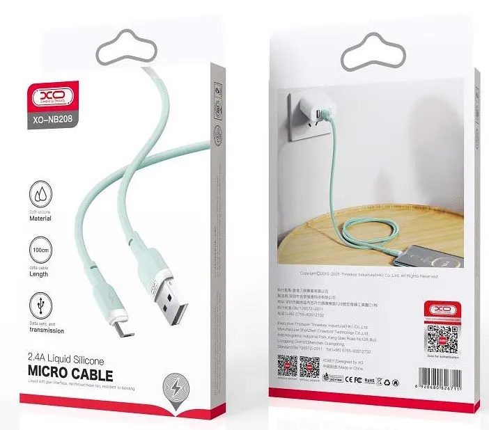 USB Кабель XO NB208 MicroUSB Liquid Silicone 2.4A 1.0m Зелений - фото 2