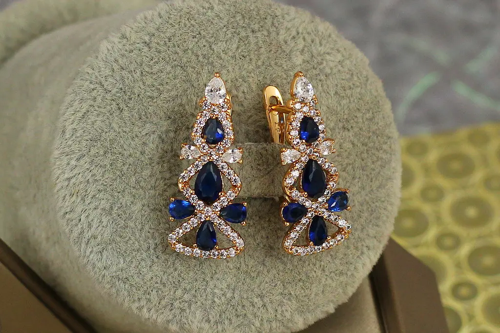 Сережки Xuping Jewelry Ялиночка з синіми 2,7 см золотисті - фото 2
