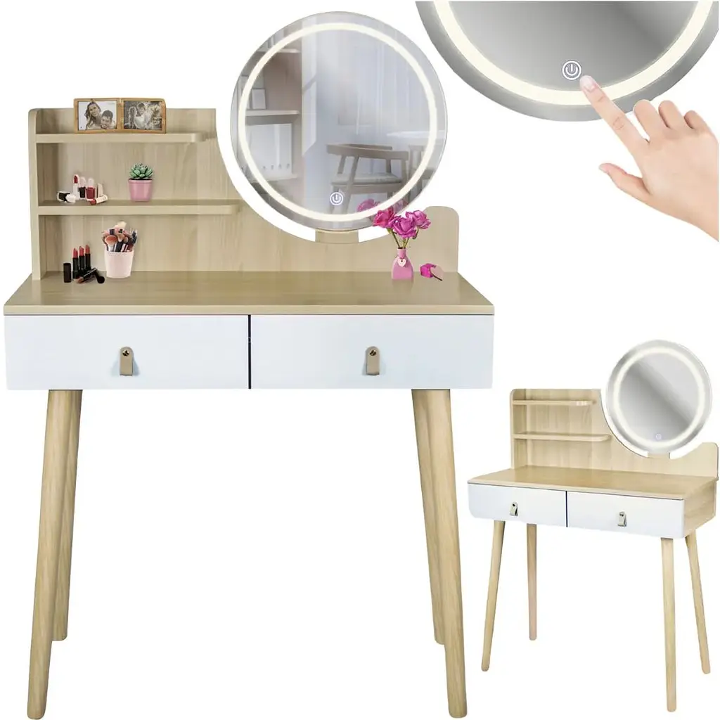 Туалетний столик Jumi Scandi LED підсвітка, з шухлядами, шкіряні ручки, світлий бук - фото 2