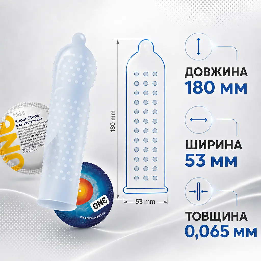 Презерватив ONE Super Studs, текстурований латексний презерватив з крапками та ребрами, гладкий додатково змащений презерватив - фото 3