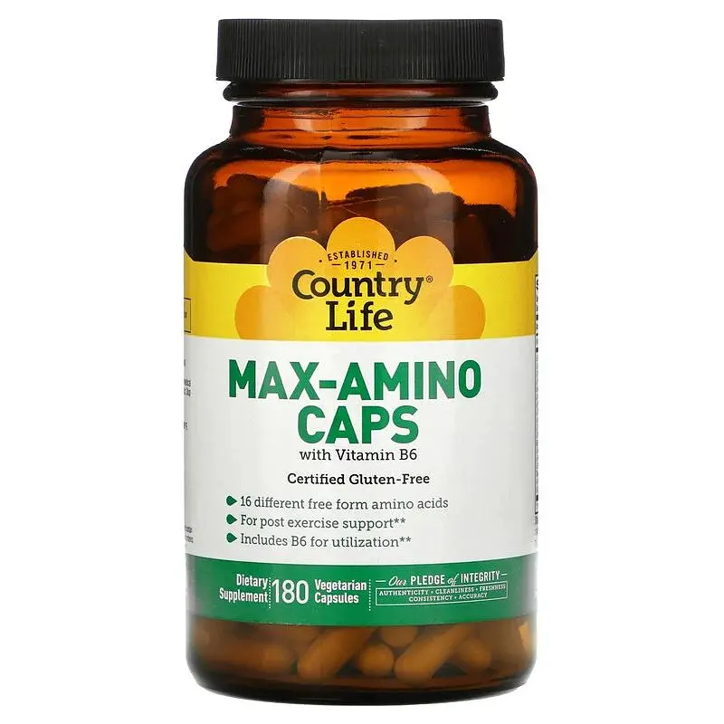 Комплекс амінокислот Country Life Max-Amino, 180 вегакапсул для зростання м'язової маси