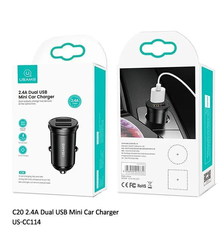 Автомобільний зарядний пристрій Usams C20 Mini dual USB 2.4A Black [53788] - фото 6