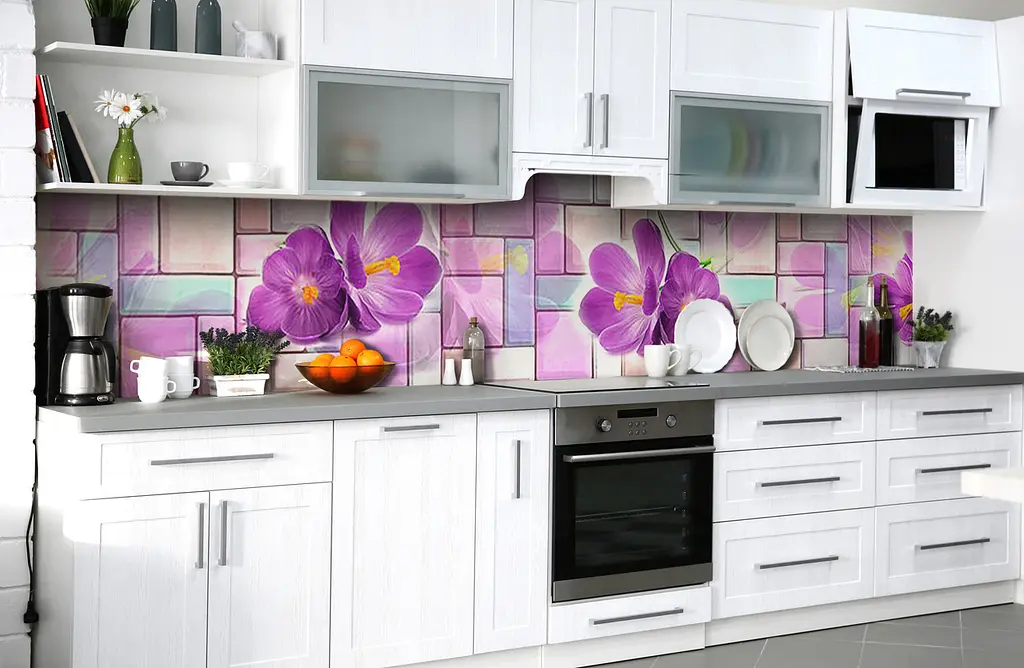 Вініловий кухонний фартух Букет Крокусів наклейка для кухні геометрія Квіти Фіолетовий Happy Pocket Z181456 - фото 5