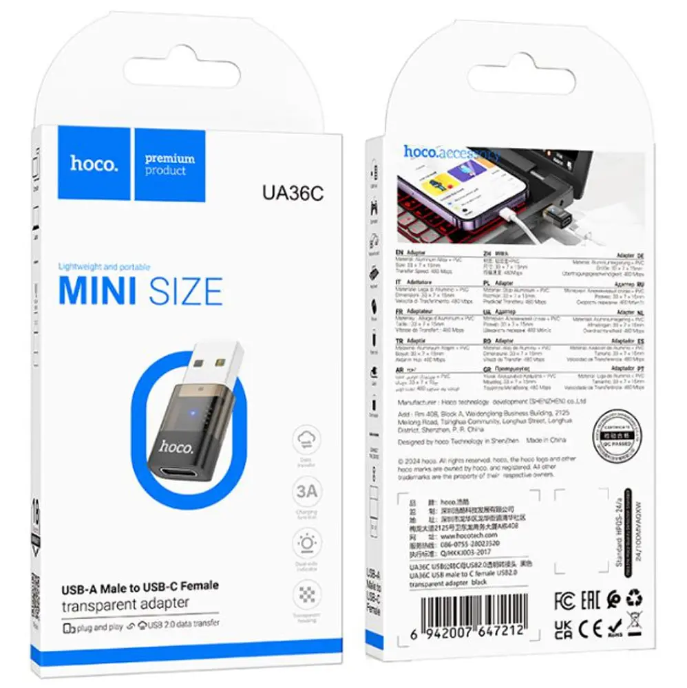 Адаптер Hoco UA36C USB male to Type-C female USB 2.0 transparent adapter Чорний - фото 2
