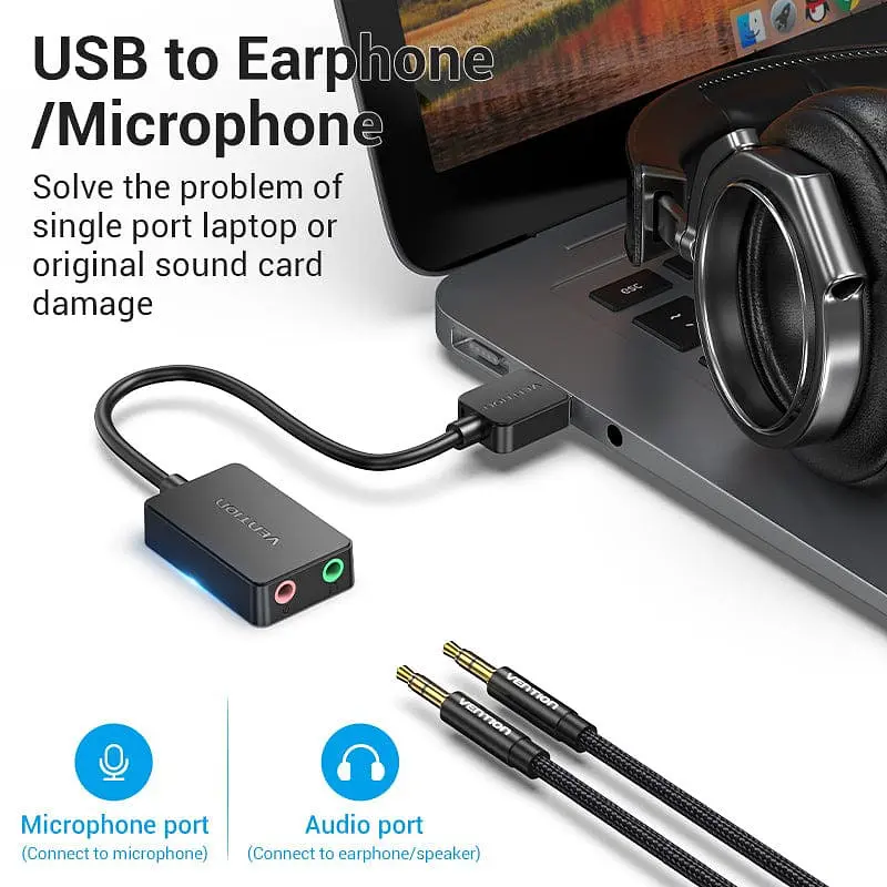 Звукова карта USB AUX jack, 2xTRRS (Mic+Ear) 1м Vention чорна - фото 3