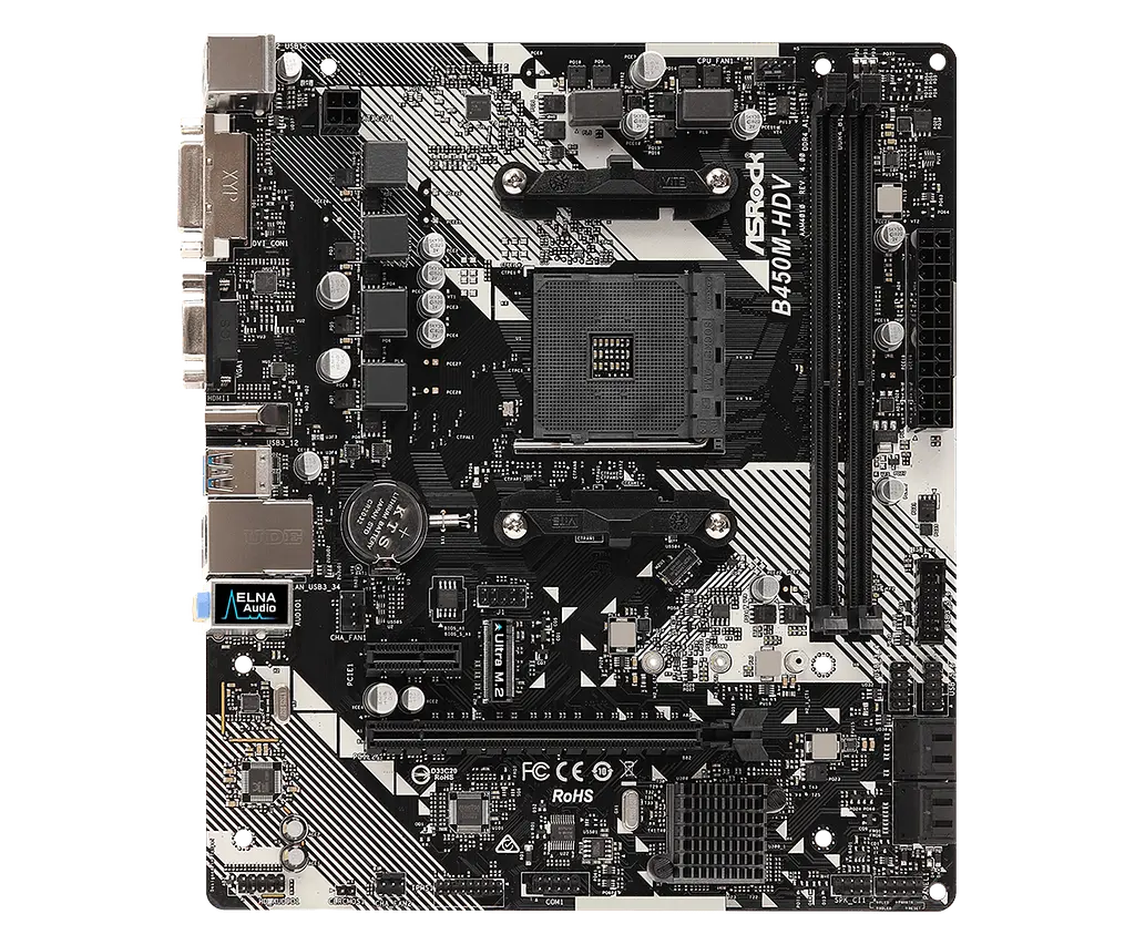 Материнська плата AsRock AM4 (B450) B450M-HDV R4.0, B450, 2xDDR4, Int.Video(CPU), 4xSATA3, 1xM.2, 1xPCI-E 16x 3.0, 1xPCI-E 1x 2.0, ALC887, RTL8111H, 6xUSB3.1/4xUSB2.0, VGA/DVI-D/HDMI, mATX - фото 2