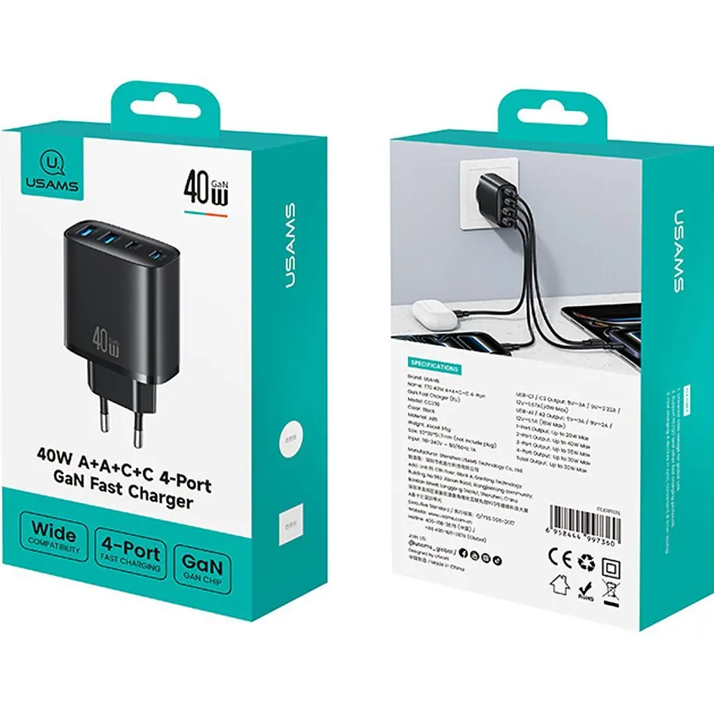 Мережевий зарядний пристрій Usams T70 2хUSB-A + 2хUSB-С 40W Black (CC330TC01) [164376] - фото 4