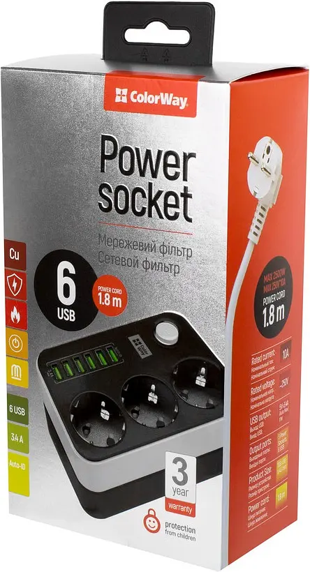 Фільтр-подовжувач мережевий СolorWay 1.8м 3 розетки 6USB black (CW-CHE36B) - фото 4