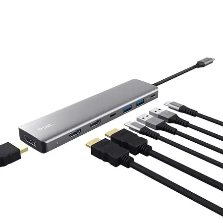 Адаптер Trust Dalyx 7in1 USB-C > 2xUSB-А 3.2/2xUSB-С/2xHDMI/Display Port, Алюминий, 0.16м, Серый teh0018492 - фото 3