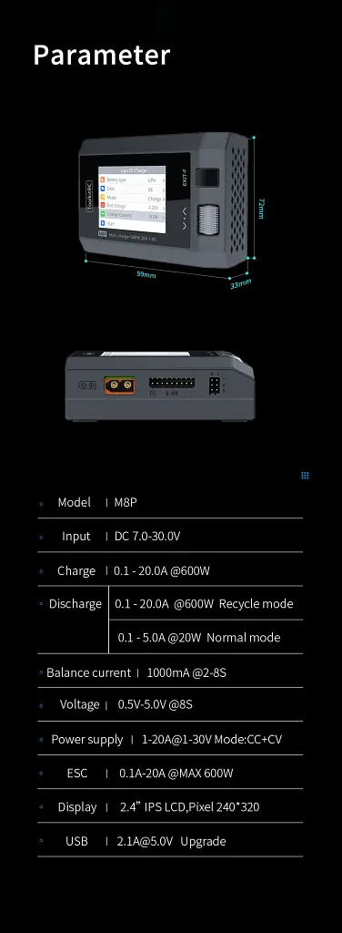 Зарядний пристрій ToolkitRC M8P 600W 25А для FPV 1-8S ADP200 ADP100 M6D M7 Q4AC Q6AC Black (18760) - фото 10