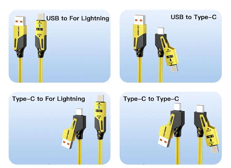 Кабель Ronpin 4-в-1 65W спиральный для быстрой зарядки USB Type-C Lightning Micro-USB - фото 5