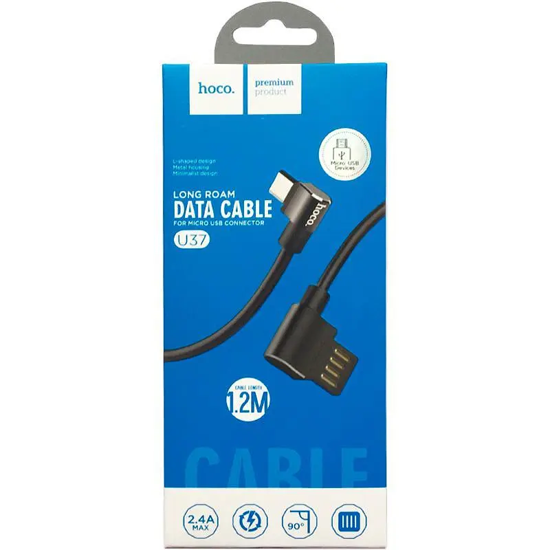 USB Cable Hoco U37 Long Roam MicroUSB (L Shape) Black 1.2m - фото 2