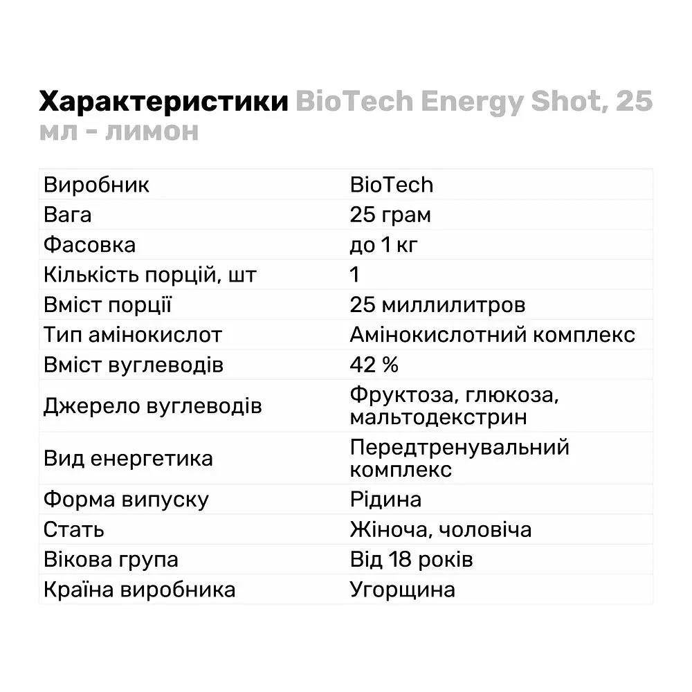 Передтренувальний комплекс BiotechUSA Energy Shot Лимон 25 мл - фото 2