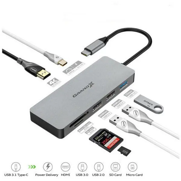 Хаб - Концентратор - адаптер Grand-X SG-512 USB TypeC to HDMI/3xUSB/Type-C/Card-Reader - фото 2