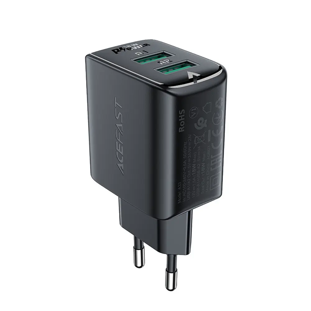 Мережевий зарядний пристрій Acefast A33 2 USB QC 18W чорний - фото 3
