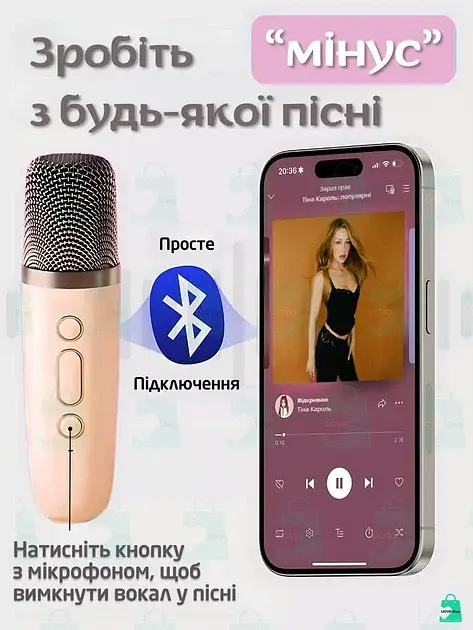 Бездротова колонка караоке з двома мікрофонами RGB підсвічування 5 режимів транслітерації 4 голоси сумісність з 3-ма пристроями - фото 4