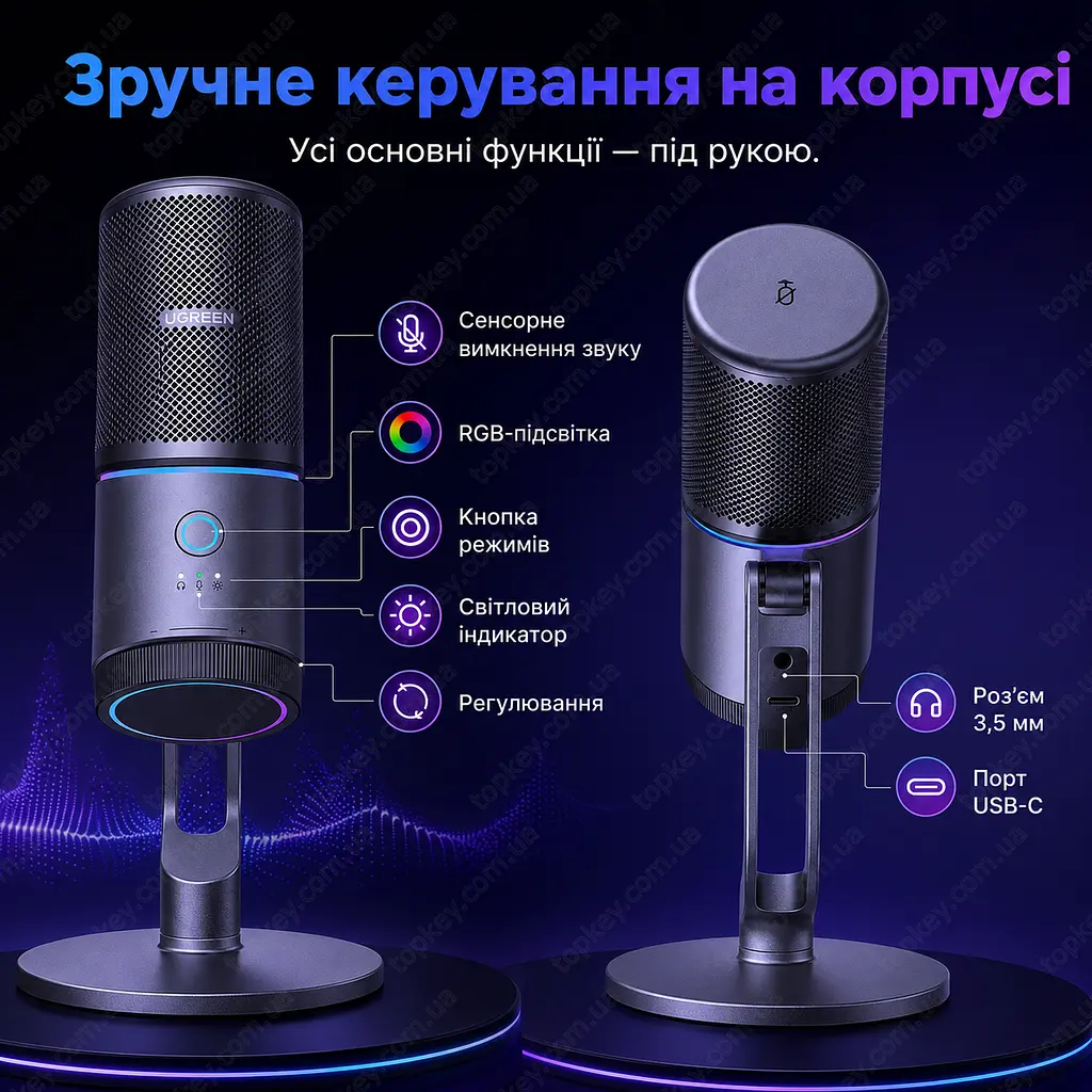 Настільний USB мікрофон UGREEN CM769 з RGB-підсвіткою та шумоподавленням - фото 6