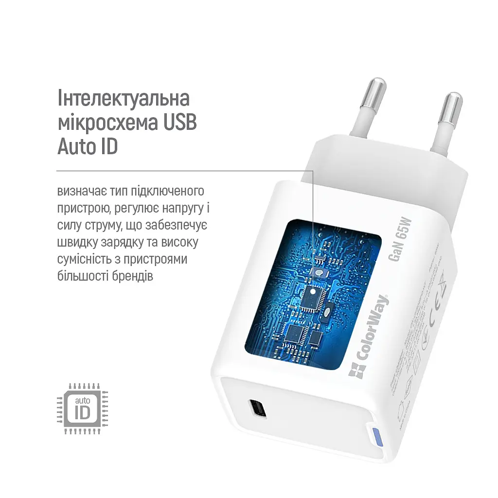 Зарядний пристрій ColorWay GaN Mini 65 Вт порт PD PPS USB-C білий (CW-CHS049PD-WT) - фото 2